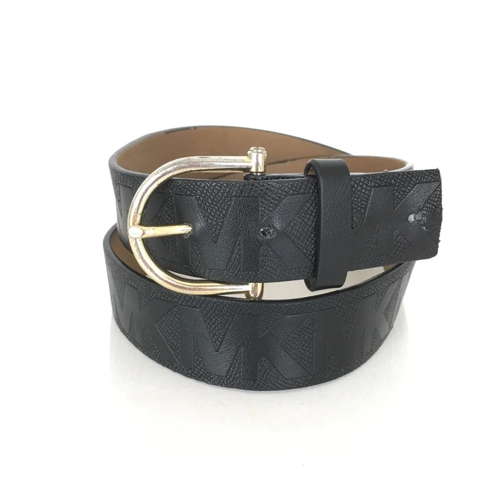 Michael Kors Black Leather Monogram Belt Gold Tone Metal Horseshoe Buckle Size S - Picture 1 of 10